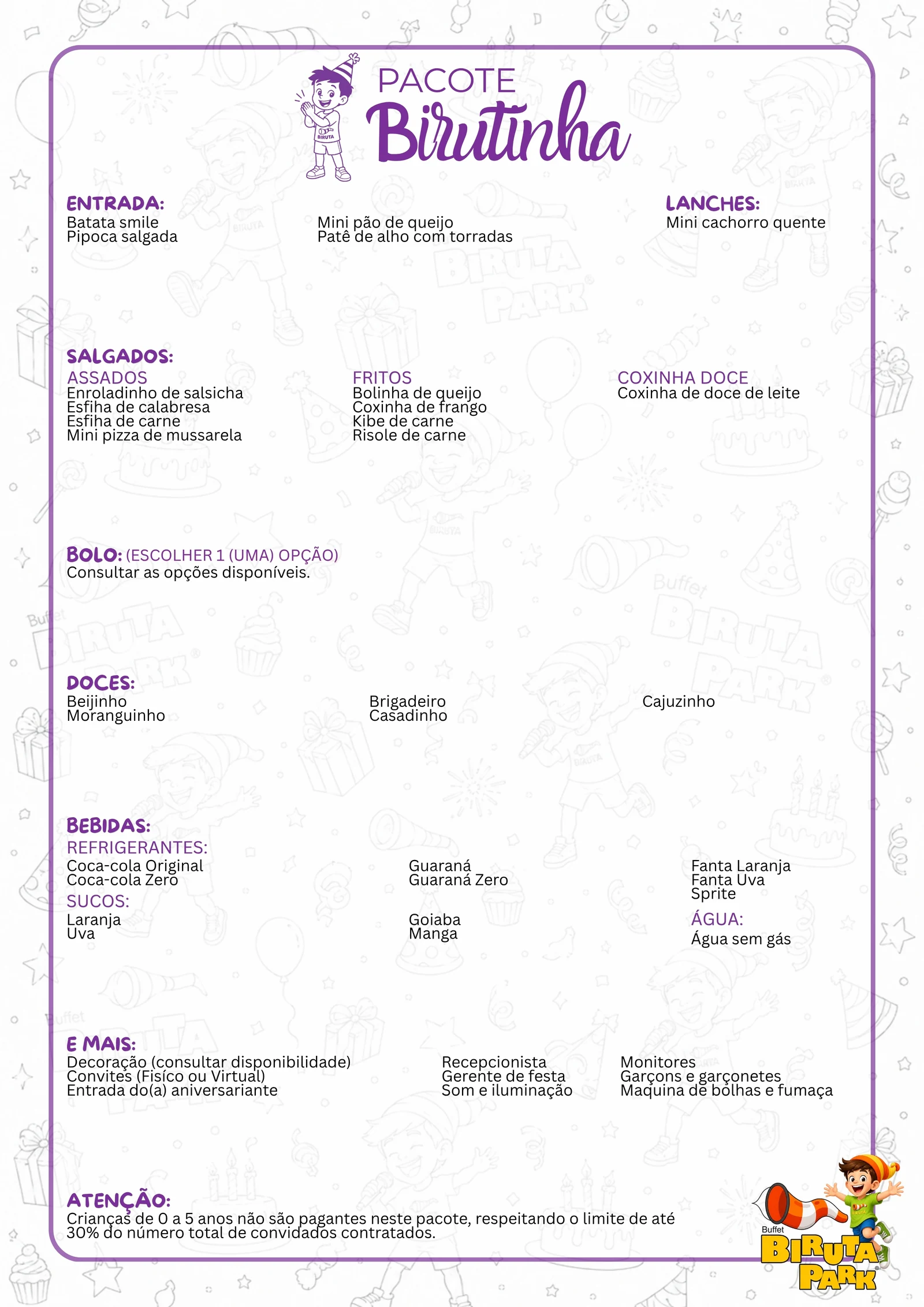 Cardápio completo do pacote Birutinha