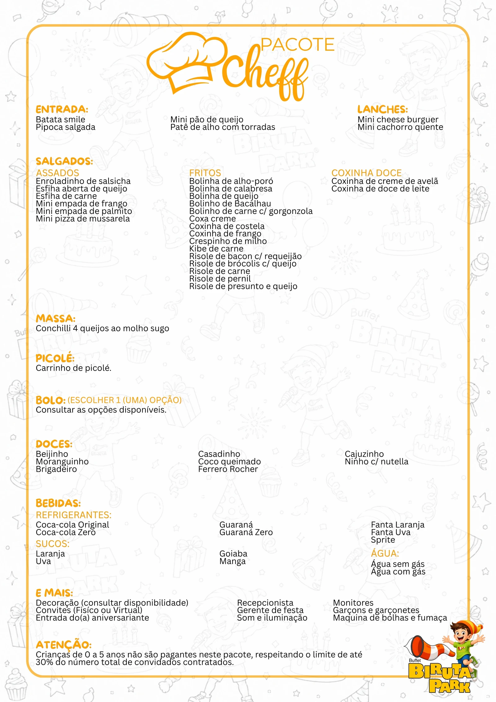 Cardápio completo do pacote Cheff