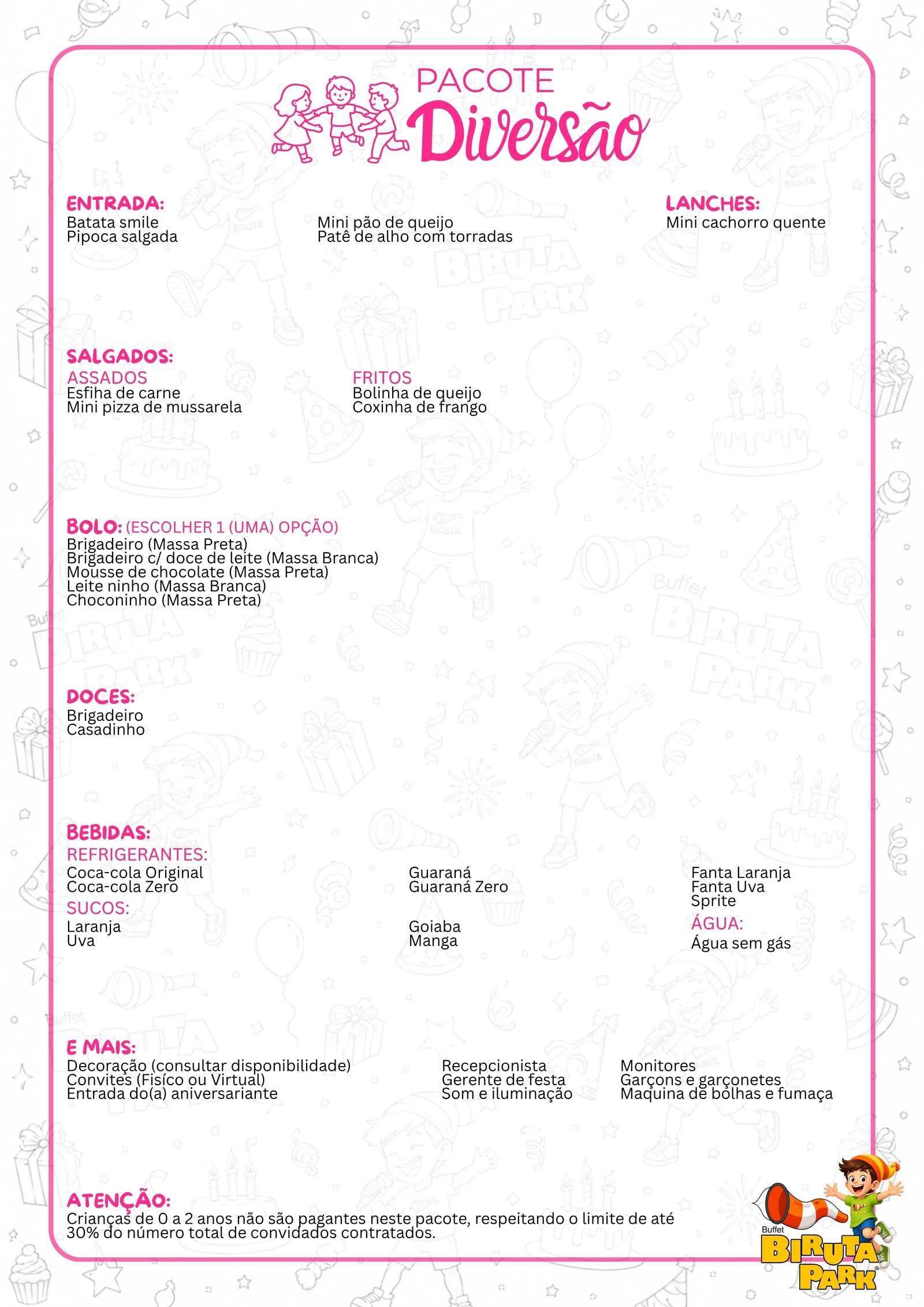 Cardápio completo do pacote Diversão