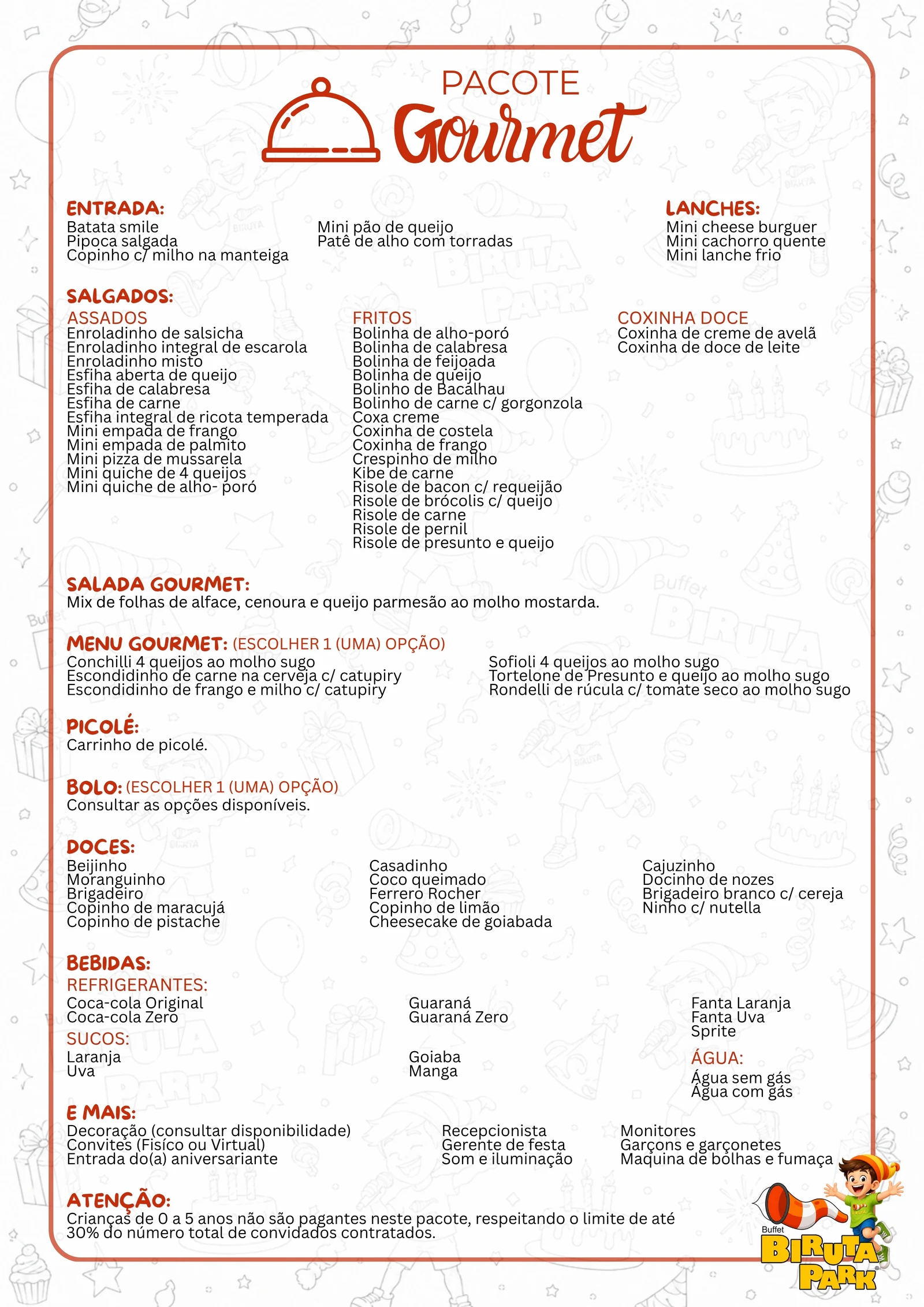 Cardápio completo do pacote Gourmet